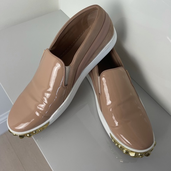 Louis Vuitton Nude Color Patent Gold Studded Tempo Slip On Sneakers Flats - Picture 1 of 11